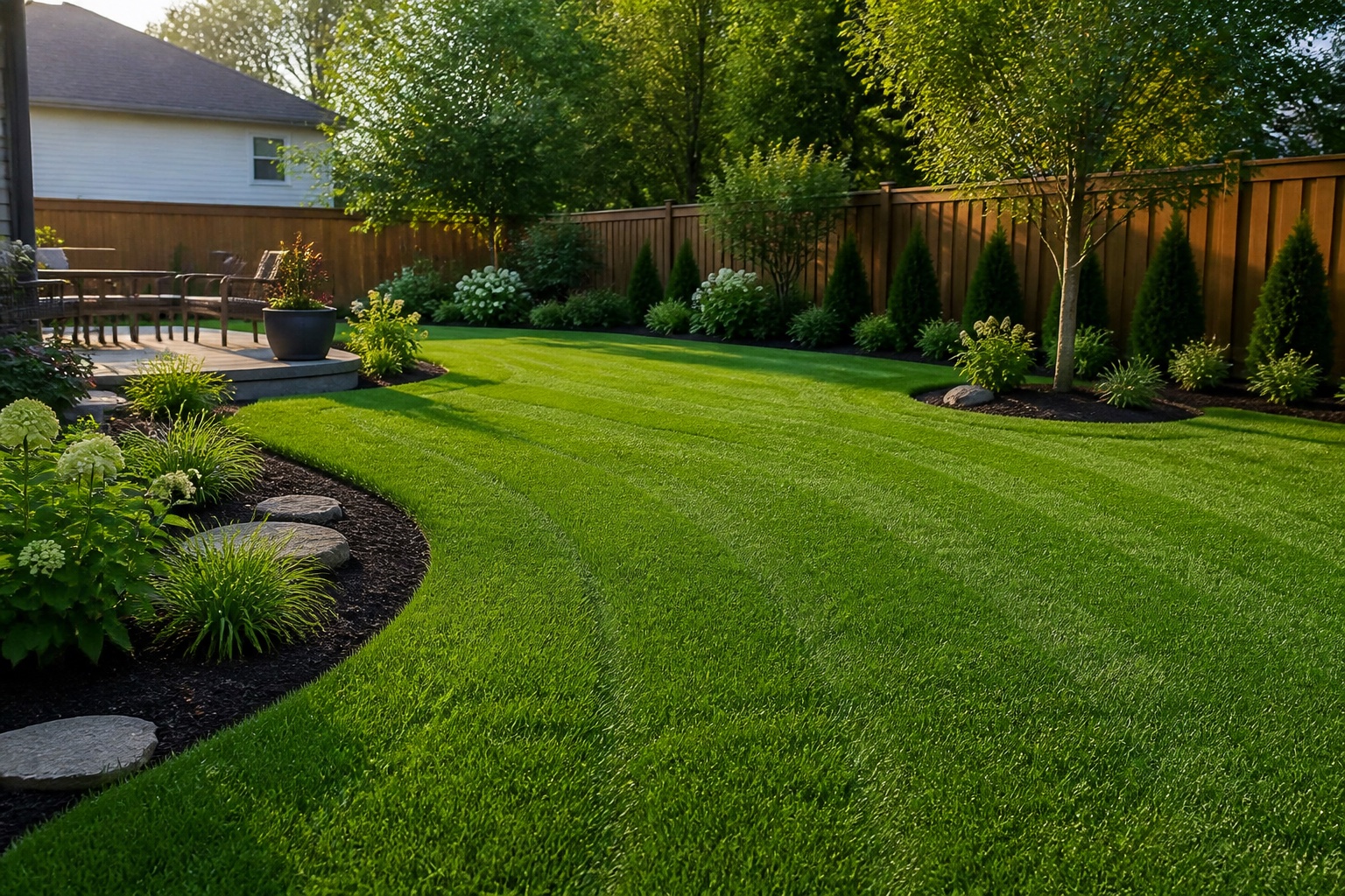 A finished backyard with a freshly maintained lawn and clean landscape edges