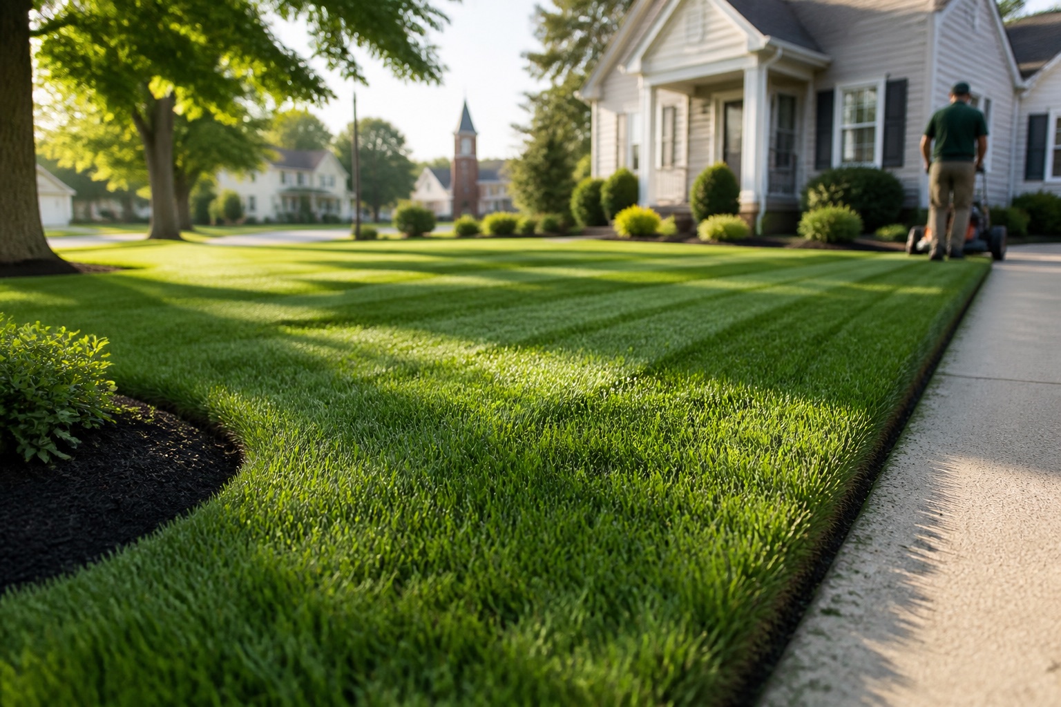 Freshly striped and edged lawn maintained by Bancroft Home Services
